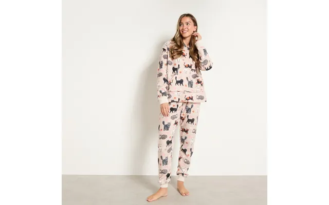 Ohs Pet Cat Print Fleece Hoodie Loungewear Set, Beige - Small
