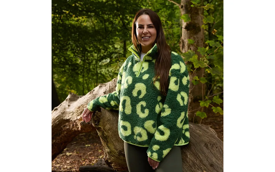 Ohs Teddy Abstract Leopard Print Half Zip Fleece, Green - Large Extra Large