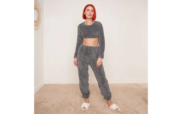 Ohs Teddy Fleece Long Sleeve Crop Top, Grey - Uk 14-16