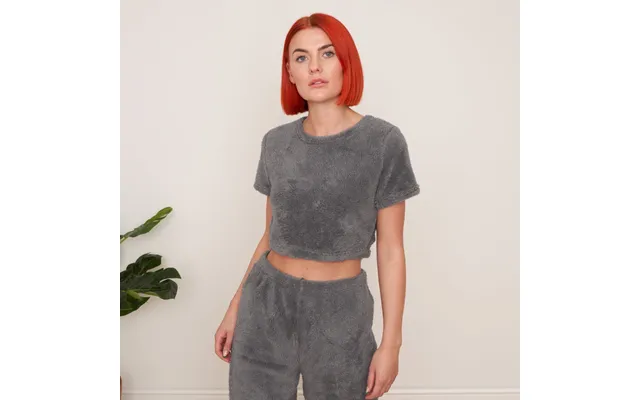 Ohs Teddy Fleece Short Sleeve Crop Top, Grey - Uk 14-16