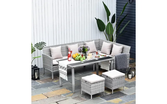 Outsunny Rattan Dining Corner Sofa Set, Light Grey - 6 Seater