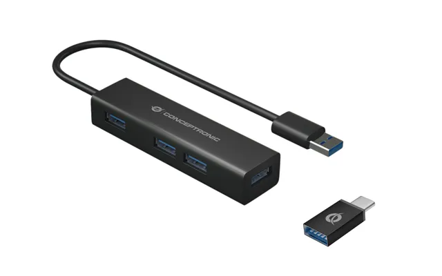Conceptronic 4-port Usb 3.0 Aluminum Hub With Usb-c To Usb-a Adapter
