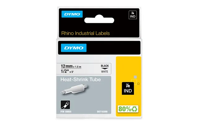 Dymo 18055 S0718300 Heat Shrink Tubes Black On White 12mm X 1