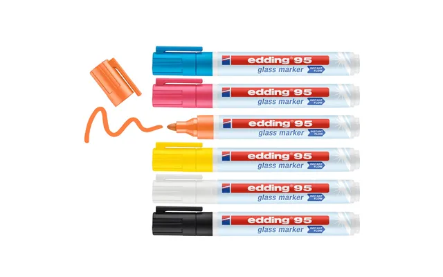 Edding 95 Glass Marker 6 Pc S Bullet Tip Black. Blue. Orange