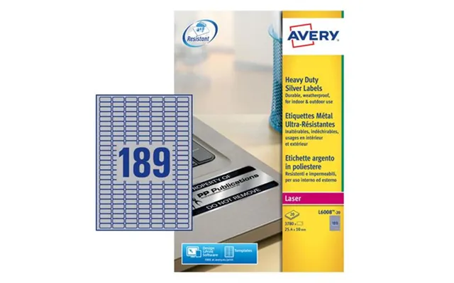 Avery Laser Heavy Duty Label 25.4 X 10mm 189 Per A4 Sheet Silver Pack 3780 Labels - L6008-20