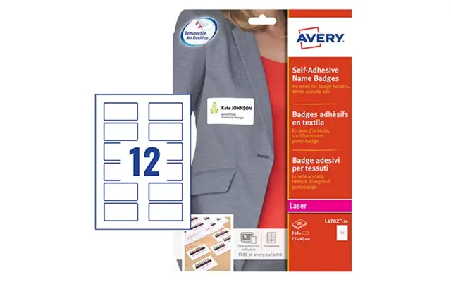 Avery Self Adhesive Name Badges 75mm X 40mm Laser Acetate Silk 240 Labels 20 Sheets Pack 240 Labels - L4782-20