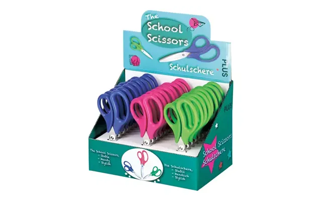 Plus By Pentel School Scissors Display Pack Ergonomic Handle Stainless Steel 145mm Assorted Colours Pack 24 34567