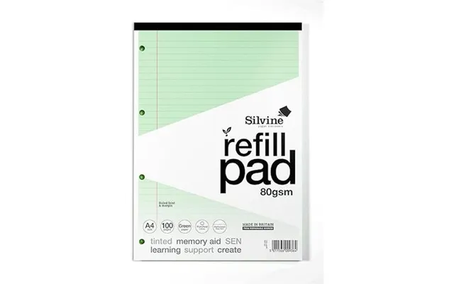 Silvine Sen Refill Pad A4 With Tinted Coloured Papers 100 Page Ruled With Margin 4 Hole Punched Green Pack 6 - A4rpting