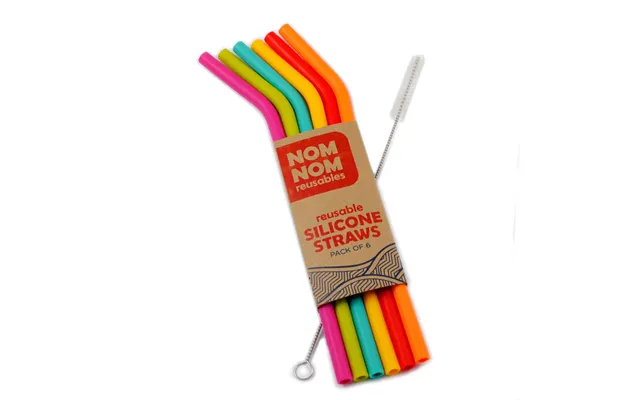 Nom Nom Kids Reusable Silicone Straws Set Of 6 With Cleaning Brush