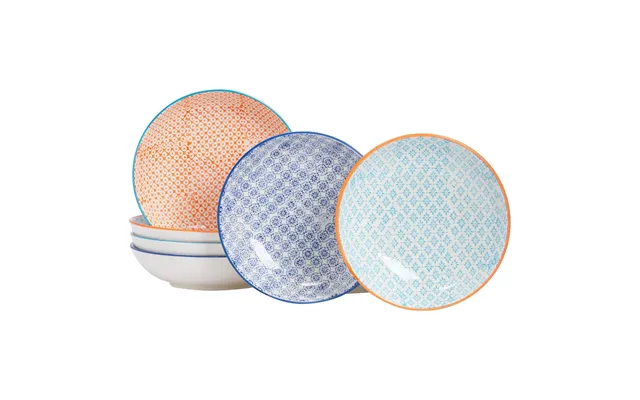 22cm Hand Printed Stoneware Pasta Bowls - Pack Of Six