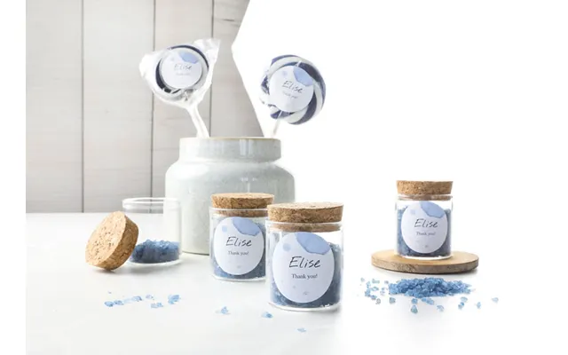 Personalised Glass Jars With Square Stickers And Blue Bath Salt - Set Of 12