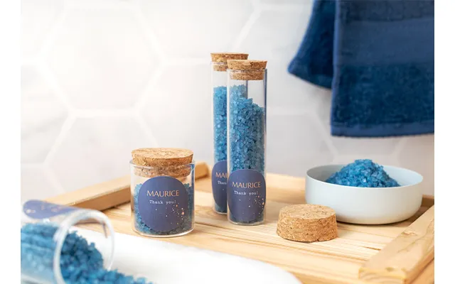 Personalised Glass Tubes With Round Stickers & Blue Bath Salt - Set Of 12
