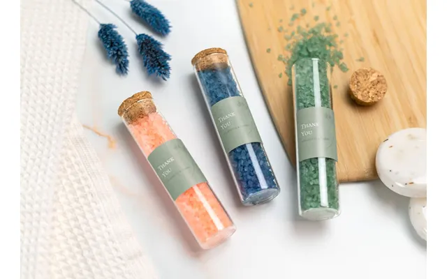 Personalised Glass Tubes With Round Stickers & Green Bath Salt - Set Of 12