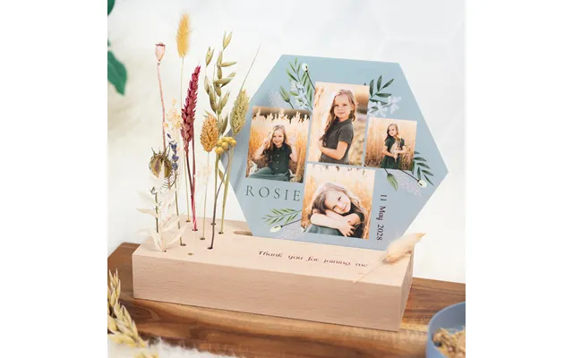 Personalised Wooden Block With Print Dried Flowers Hexagonal Forex Art Display