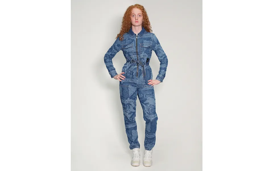 'peace' Laser Printed Zipped Blue Jumpsuit