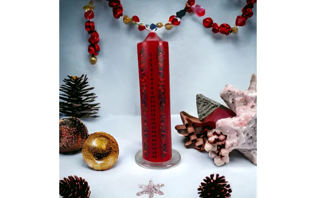 Red Pillar Advent Candle On Glass Plate With Festive Decorations