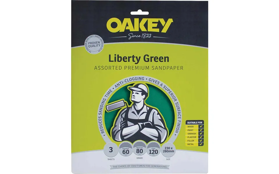 Oakey Green Aluminium Oxide Sandpaper Assorted Grit Pack Of 3