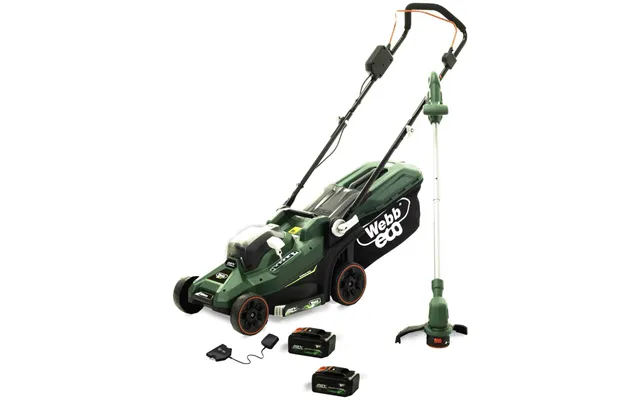 Webb Eco 20v Cordless Lawnmower And Grass Trimmer Garden Power Tool Kit 2 X 4ah Li-ion Battery Charger