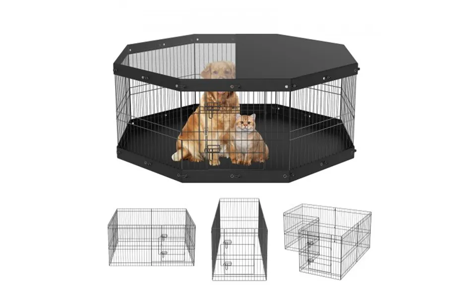 Vevor Dog Playpen - 8 Panels Foldable Metal Dog Exercise Pen With Top Cover And Bottom Pad