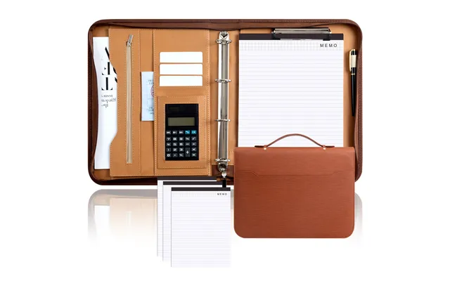 A4 Leather Business Folder With Calculator Folder Four Hole Binder Multi Function Portable Zipper Manager Folder product image