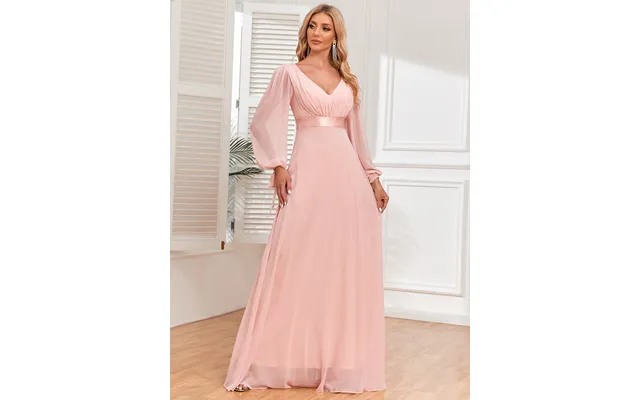 Wedding Party Dress Pink Chiffon Long Sleeve Long Evening Dress V-neck A-line Prom Gowns Formal Dress product image