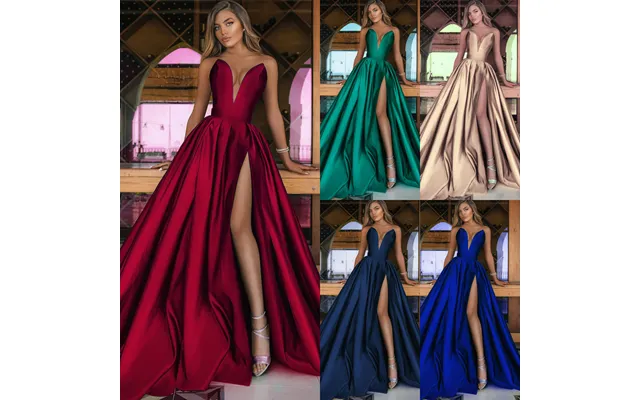 2023 Spring Summer New Women's Sexy Deep V Split Dress Solid Color Swing Dress Wedding Dress product image