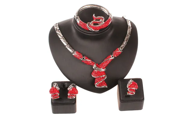 African Bead For Women Party Accessories Silver Plated Red Rhinestone Wedding Necklace Earring Jewelry Sets