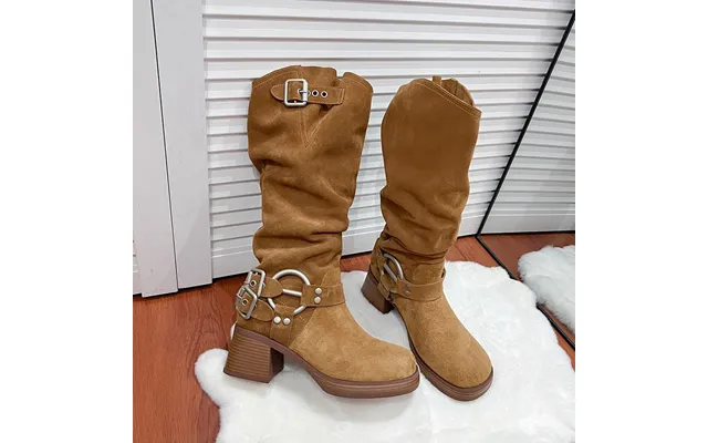 Belt Buckle Pile Up For Women 2024 Soled Thick Heeled Western Cowboy American Matte Knight Martin Boots