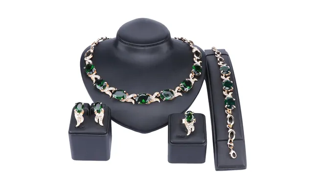 Bridal Gift Crystal Jewelry Set Women's Green Rhinestone Necklace Drop Earrings Bracelet Ring For Wedding