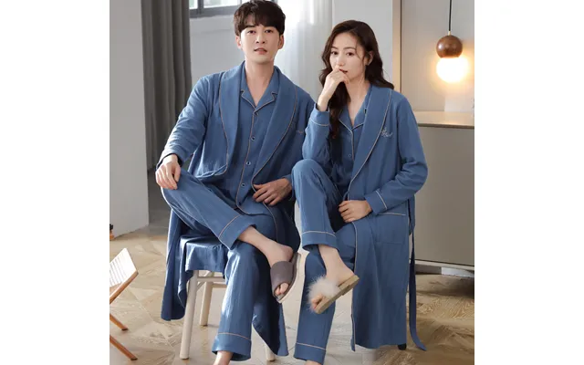Couple Pajamas Women's Spring And Autumn Pure Cotton Long-sleeved Autumn Men's Nightgown Large Size Bathrobe Three-piece product image