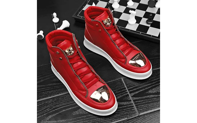 European Men's Shoes Chinese Red Personalized Metal Zipper Sneakers Korean Casual High-top Platform Martin Boots Sneaker