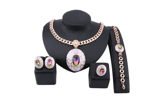 Exquisite Dubai Gold Crystal Enameled Brand Nigerian Wedding Woman Bridal Party Necklace Earring Jewelry Set