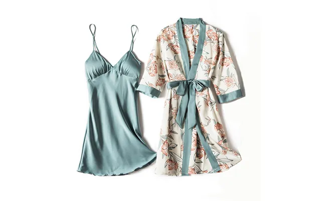 Feminine Silk Pajamas Two-piece Suspender Long Sleeve Nightgown Thin Silk Printed Home Clothes With Breast Pad product image