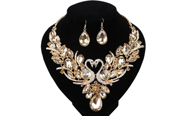 Golden Champagne Crystal New Double Swan Statement Necklace Earring For Women Party Wedding Jewelry Set