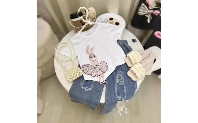 Kids Clothing Children's Clothing New Ballet Rabbit Short Sleeved T Shirt Plus Fashionable Ripped Jeans