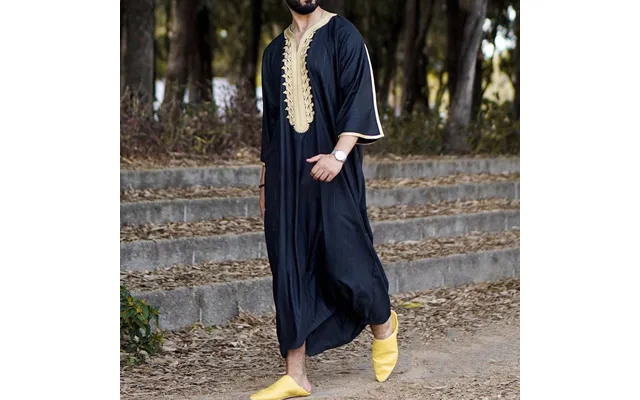 Men's Moslem New Navy Blue Embroidered Long Shirt In Stock Black Muslim Robe 1134997 Embroidered Same Style