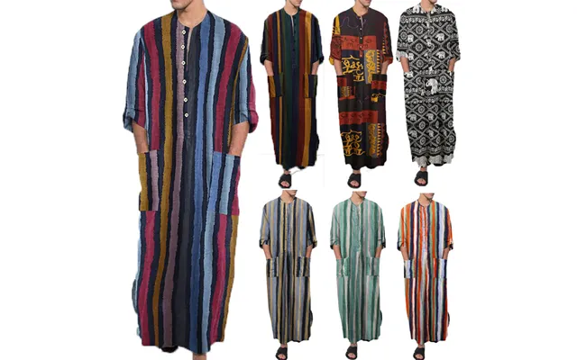 New Spring Summer Clothing Long Sleeved Jumpsuit Arabic Striped Printed Muslim Men's Robe