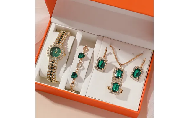 Small Green Watch Ladies Steel Band Quartz Watch Ring Set Gift Box 5pcs Set product image