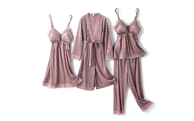 Striped Gold Velvet Pajamas Women's Four-piece Suit Long-sleeved Sexy Nightgown With Breast Pads Nightgown Trousers Home product image