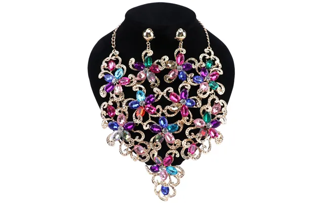 Women Accessories Wedding Bridal Gold Colorful Statement Crystal Flower Pendant Necklace Earring Party Jewelry Set