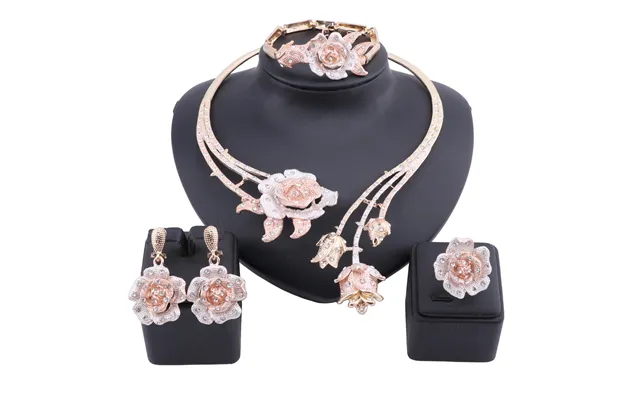 Women Dubai Gold Color Statement Flower Crystal Wedding Accessories Necklace Earring Ring Bangle Jewelry Set