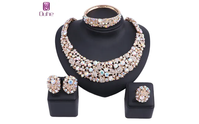 Women Party Bridal Fine Ab Rhinestone African Beads Jewelry Sets For Wedding Party Necklace Earring Bangle Ring