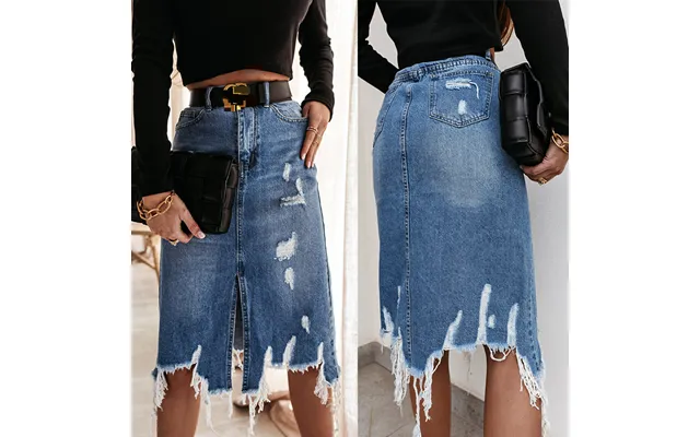Women's Casual Style Washed Irregular Ripped Fringe Denim Mid-skirt product image