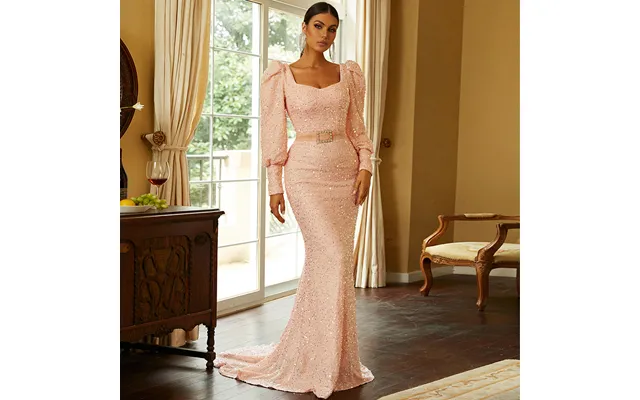 Women's Clothing Long-sleeved Temperament Sexy U-neck Sequins Long Toast Dress Evening Dress Bridesmaid Dress Female product image