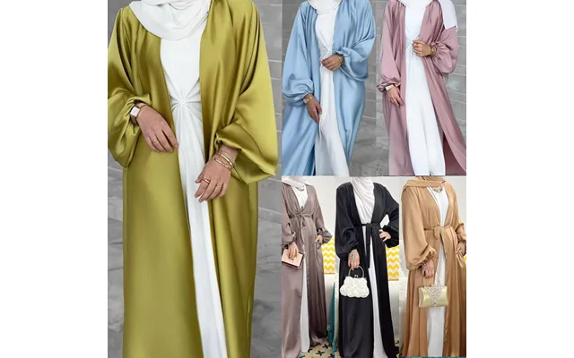 Women's Clothing Muslim Women's Dress Puff Sleeves Satin Middle Eastern Cardigan Robe Muslim Abaya product image