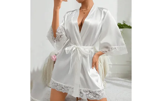 Women's Lace Trimmed Satin Nightgown - Elegant Mid-sleeve Sleepwear With Belt product image