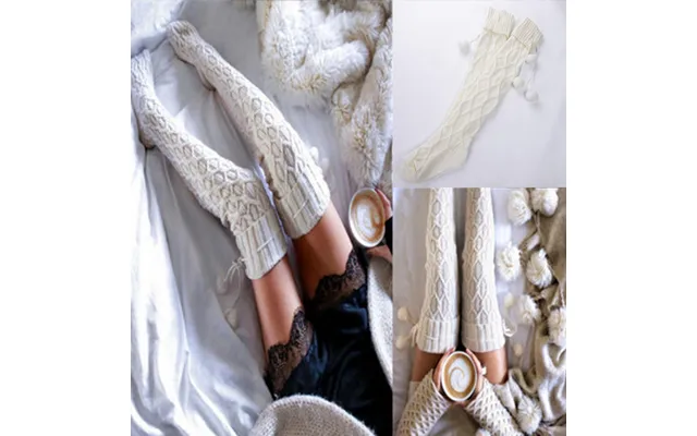 Women's Socks Popular Knitted Wool Socks For Women With Wool Balls Mid-length Knee-high Pile Socks White product image