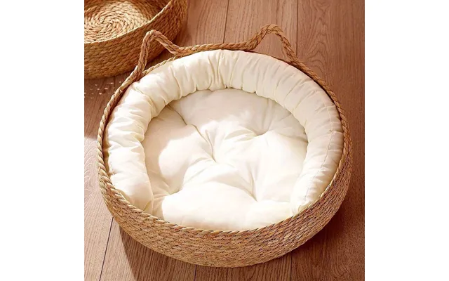 Woven Cozy Cat Bed Plush Cushion Deep Sleep - Hand-woven Round Pet Kennel Pad Sleeping Nest Basket With Pillow For Indoo product image