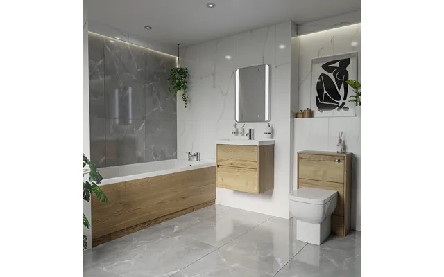 Barton Slim Edge Straight Single Ended Bathroom Suite Including Furniture Set With Slim Edge Basin Autumn Oak Abs Polish
