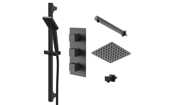 Colore Square Concealed Triple Thermostatic Shower Valve With Square Fixed Shower Head And Square Slide Rail Kit Matt Bl